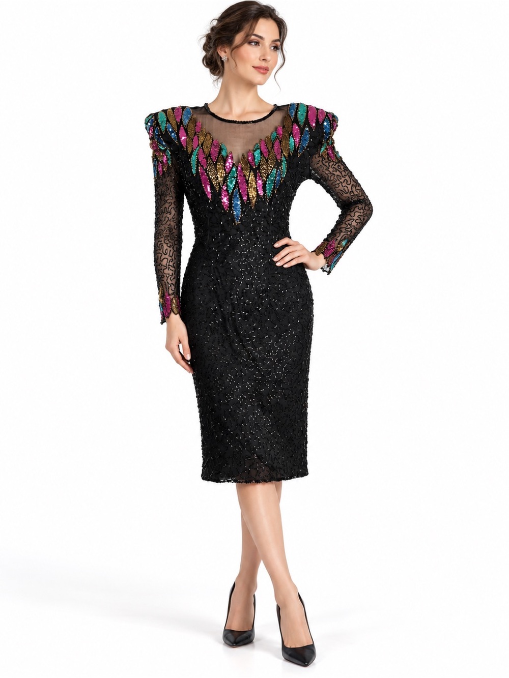 Scala Vintage Black Silk Multi Sequin Beaded Pure Romantic Retro Glam Dress Sz L